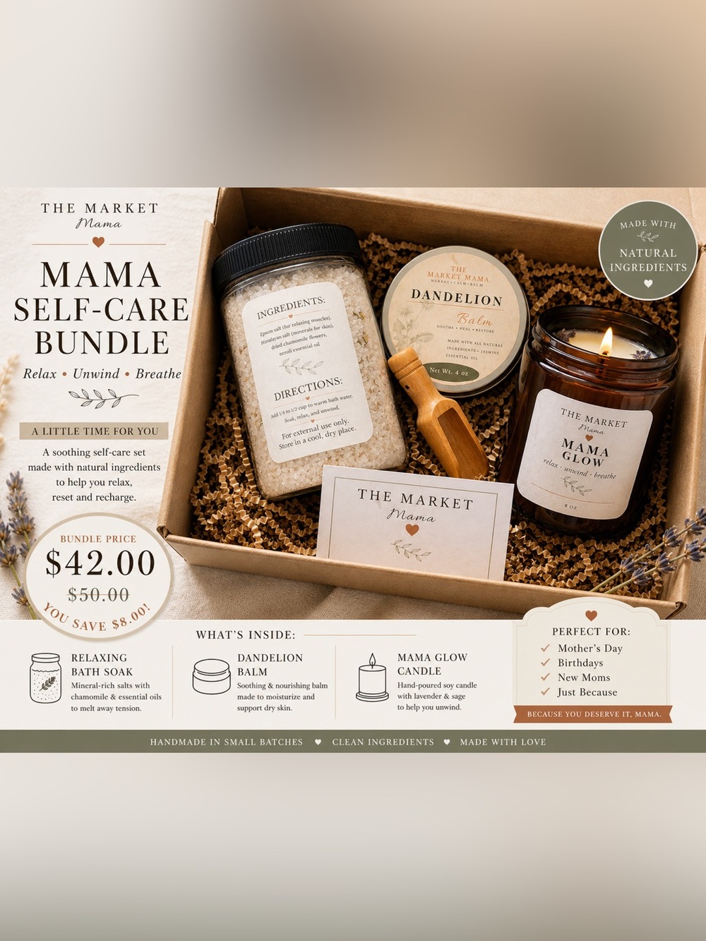Self-Care Bundle - Natural Brown Relaxing Bath & Candle Set